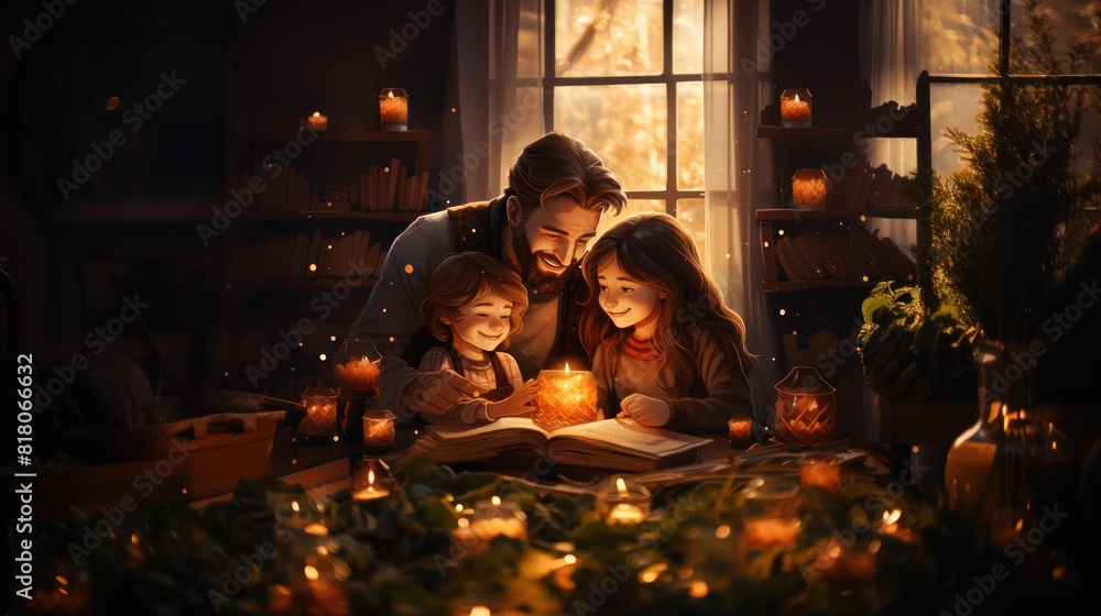 Family Reading Together During Christmas, Creating Warm and Cozy Memories by Candlelight Family Reading Together During Christmas, Creating Warm and Cozy Memories by Candlelight