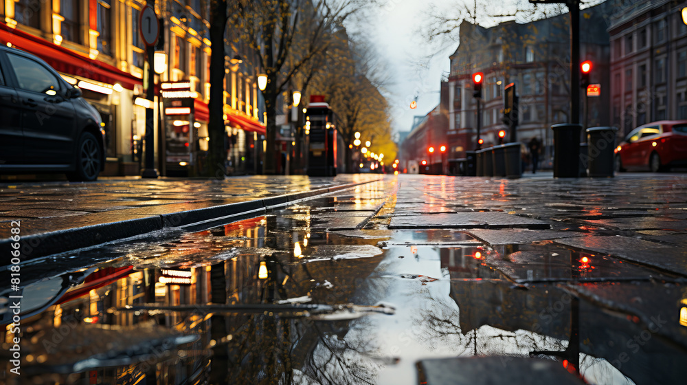 City streets with puddles after rain, capturing the rain-soaked holes. The road surface needs repair.