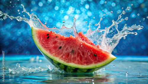 A slice of watermelon plunging into a pool, creating a refreshing splash photo