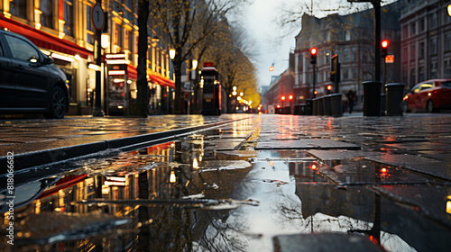 City streets with puddles after rain, capturing the rain-soaked holes. The road surface needs repair.