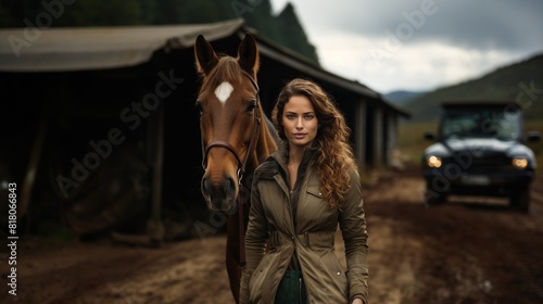 Young Woman with Horse in Rustic Countryside Setting on Cloudy Day