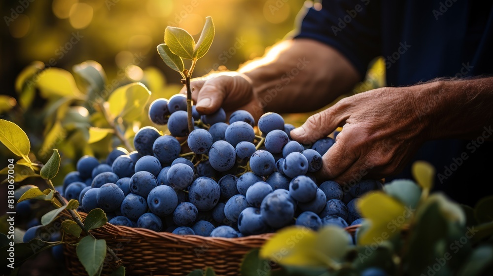 Man Picking Fresh Blueberries in an Organic Orchard at Sunset