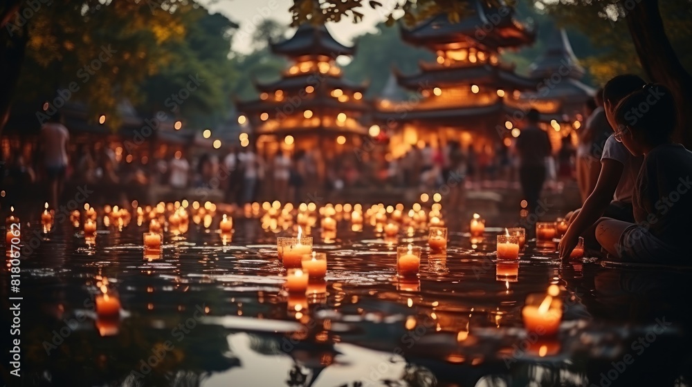 People Floating Lamps in Yeepeng Festival at Pagoda During Twilight People Floating Lamps in Yeepeng Festival at Pagoda During Twilight