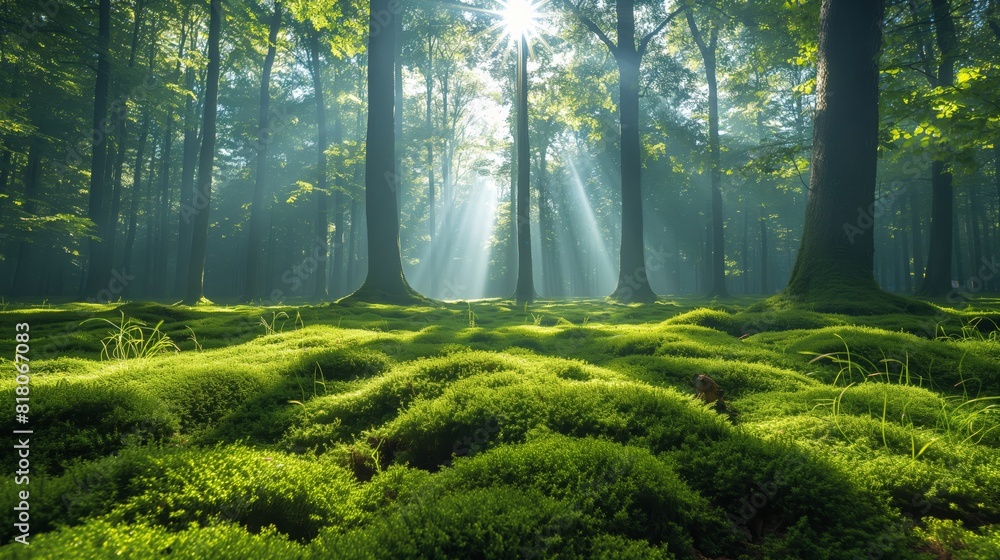 A lush, moss-covered forest floor bathed in dappled sunlight A lush, moss-covered forest floor bathed in dappled sunlight