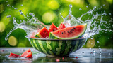 A slice of juicy watermelon being dropped into a basin of water, creating a refreshing splash