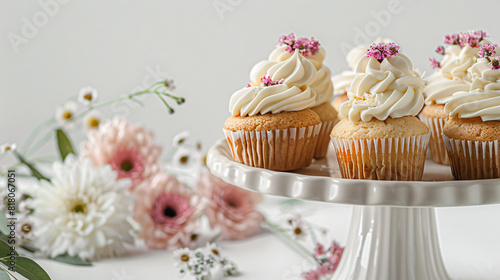 Dessert stand with tasty cupcakes and flowers on white