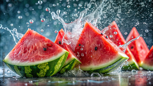 A close-up shot of sliced watermelon pieces being splashed with water, creating a refreshing scene  photo