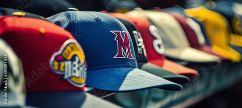 Fototapeta Naklejka Na Ścianę i Meble -  Vibrant Collection of Major League Baseball Caps Featuring Team Logos