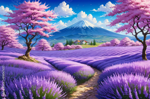 A fantastic landscape with a lavender field  trees  mountains and sakura.