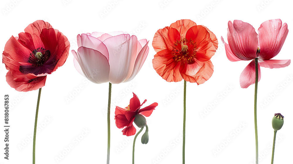 Obraz premium Stunning red poppy on a transparent background capturing the delicate beauty of nature in spring. This botanical illustration showcases the vibrant blossom with intricate petal details, perfect for fl