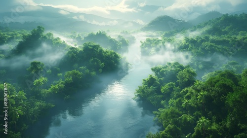 A photorealistic image of a winding river disappearing into a misty, primeval rainforest