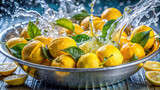 Lemons dropping into a basin of water, releasing zesty aromas and vibrant hues
