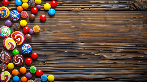 Different colorful candies on wooden background