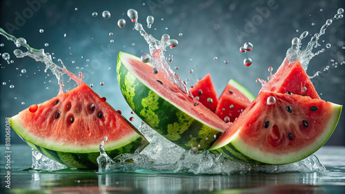 Juicy slices of watermelon plunging into a pool of water, sending droplets flying 