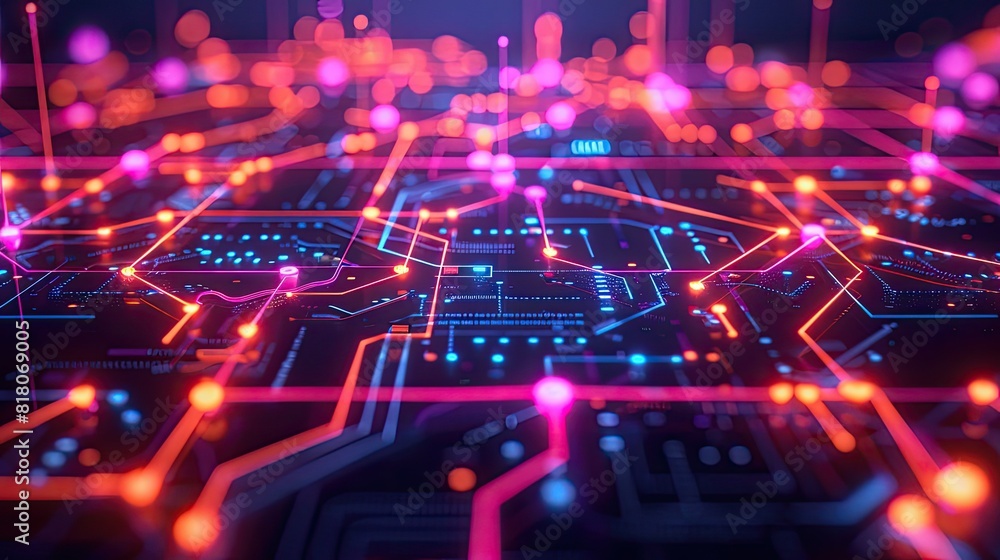 Obraz premium Tech board with neon lines and nodes