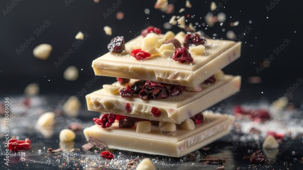 Close up of few pieces of white chocolate with dried red berries on black background. Generative AI.