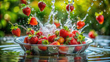 Cascading strawberries plunging into a shallow basin of water, creating a colorful spectacle