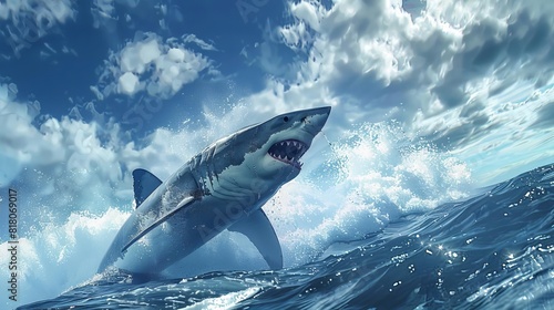 great white shark breaching ocean surface powerful marine predator aigenerated digital illustration