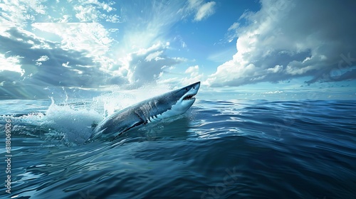 great white shark breaching ocean surface powerful marine predator aigenerated digital illustration © Bijac