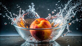 A close-up shot of a peach being tossed into a basin of water, creating a dramatic splash 