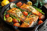 Fish Dish. Baked Salmon with Asparagus and Tomato Garnish Served on a Bed of Herbs