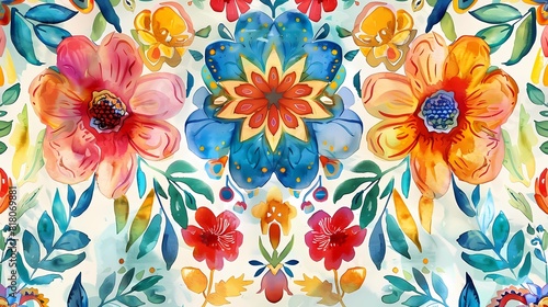 Vibrant watercolor floral tapestry with symmetrical design