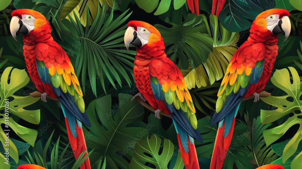 Vibrant Tropical Jungle Background with Seamless Parrot Pattern
