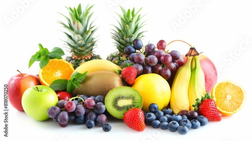 A variety of fruits including apples  grapes  bananas  pineapple  kiwi  strawberries  blueberries  and oranges.