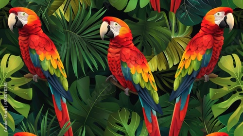 Vibrant Tropical Jungle Background with Seamless Parrot Pattern  © Didikidiw61447