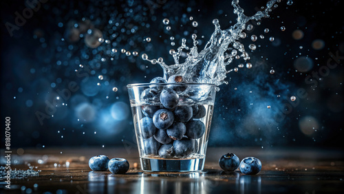 A handful of refreshing blueberries drops into a glass of water, creating delicate ripples and splashes against a dark background photo