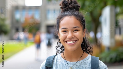 happy mixed race student intern smiling on campus looking forward lifestyle photo