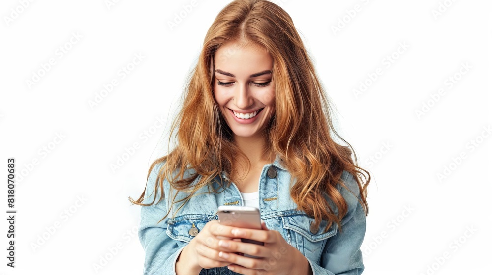 happy young woman using smartphone smiling and texting cut out image isolated on white background lifestyle photography happy young woman using smartphone smiling and texting cut out image isolated on white background lifestyle photography