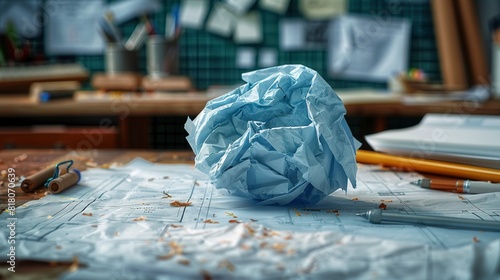 A crumpled blueprint beside drafting tools, representing the frustration and emotional toll of failed projects or unmet expectations photo