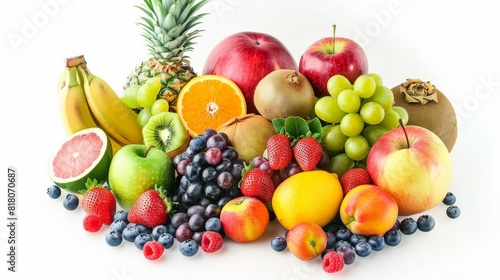 A variety of fruits are arranged in a pile.