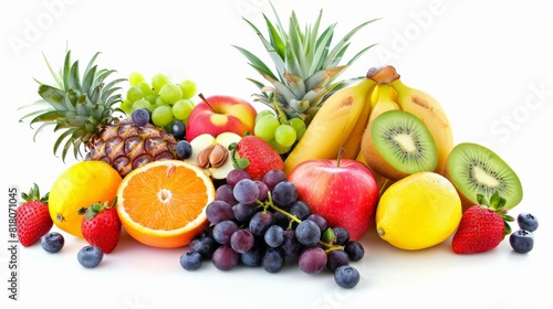 A variety of fruits including apples, grapes, bananas, pineapple, kiwi, and strawberries