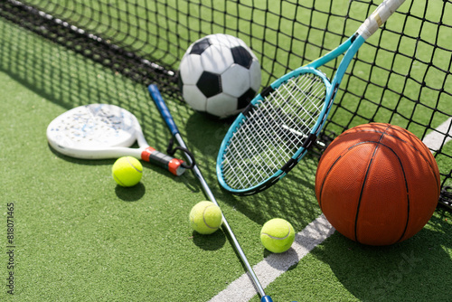 A group of sports equipment on background including tennis, basketball, and soccer on a background with copy space