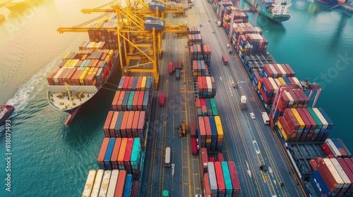 Showcase a bustling port scene with rows of cargo containers being efficiently loaded onto ships, emphasizing the seamless flow of goods and the utilization of standardized containers 