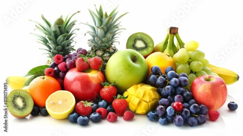 A variety of fruits including apples  grapes  bananas  pineapple  kiwi  raspberries  blueberries  strawberries  and lemons