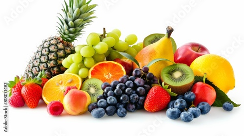 A variety of fruits including pineapple  grapes  pears  apples  oranges  kiwi  strawberries  raspberries  blueberries  and blackberries.