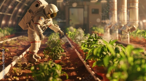 Sustainable Space Farming: Astronaut Cultivating Plants on Mars