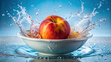 A juicy peach plunging into a basin of water, creating a delightful splash 