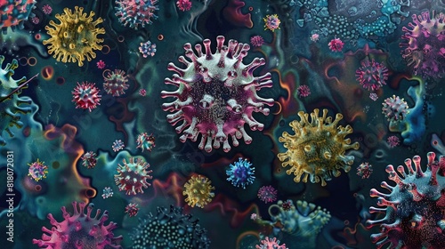 Vibrant virus pattern on a dark background creating a striking visual impact 