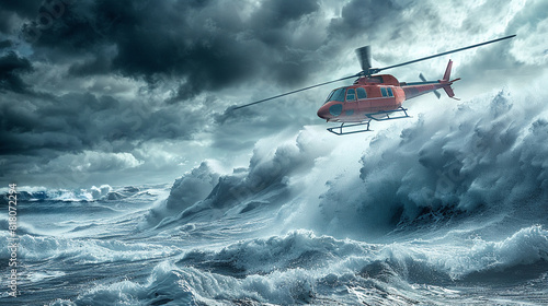 A rescue helicopter flies up to a boat battling stormy seas  its rotor blades slicing through the heavy air as the sky darkens with foreboding storm clouds photo