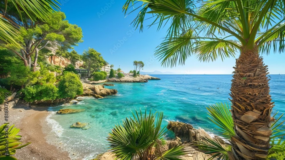 Fototapeta premium idyllic mediterranean tropical beach with turquoise water and palm trees vacation paradise