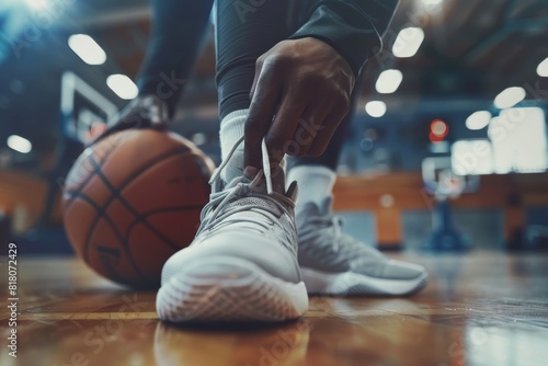 Close-Up of Basketball Player Lacing High-Top Shoes in Gym © spyrakot