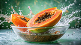 A sliced papaya being dropped into a basin of water, producing a tropical splash 