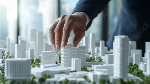a hand touching a model of a city