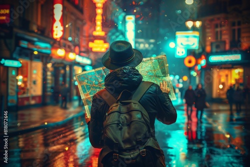 Man with a backpack looking at a map, traveller portrait