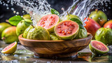 Halved guavas plunging into a basin of water, eliciting refreshing splashes 