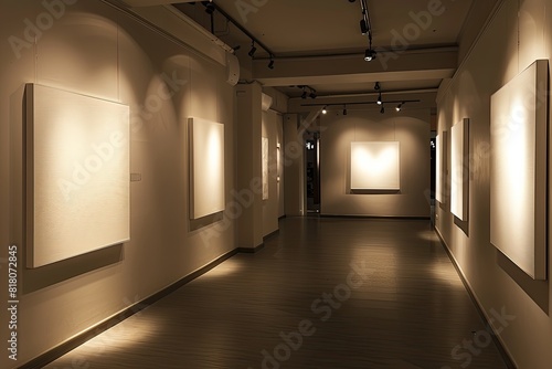 Describe the ambiance of the art gallery before opening night, with soft lights illuminating blank walls and white empty posters. photo
